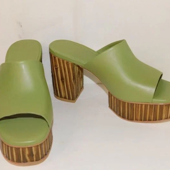 Cult Gaia Judith Leather Bamboo Platform Slide Sandals Green/Tan Womens 6.5 NWOT - Picture 4 of 14